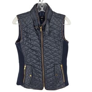 Fate Vest Womens Small Navy Quilted Faux Leather Zip Pockets Rib Knit Sides